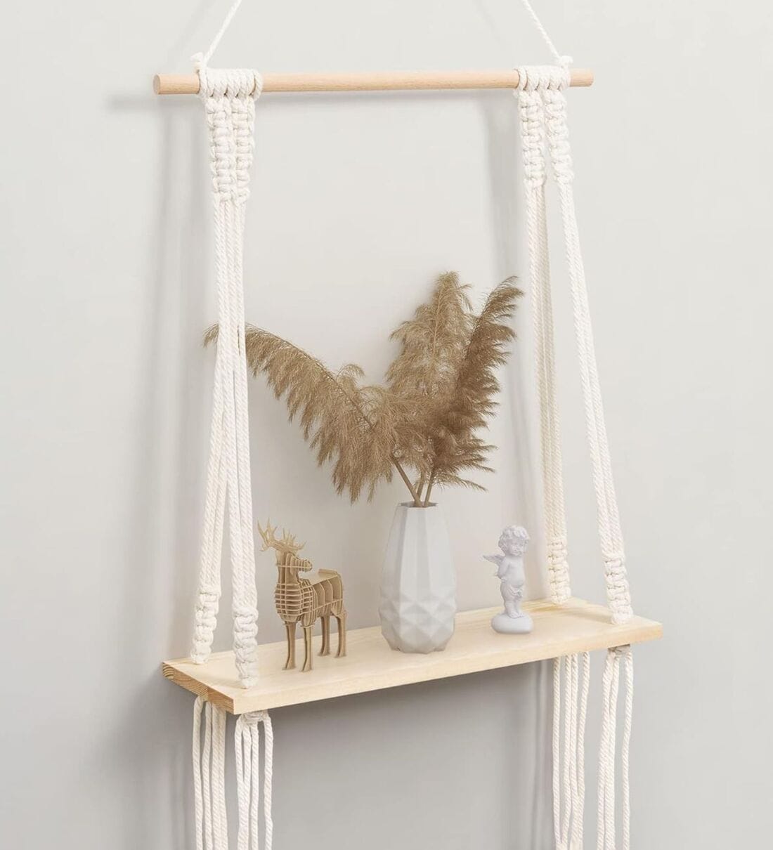 Handmade Macrame Wall Hanging With Pine Wood Shelf In Off WhiteShare By Ecofynd