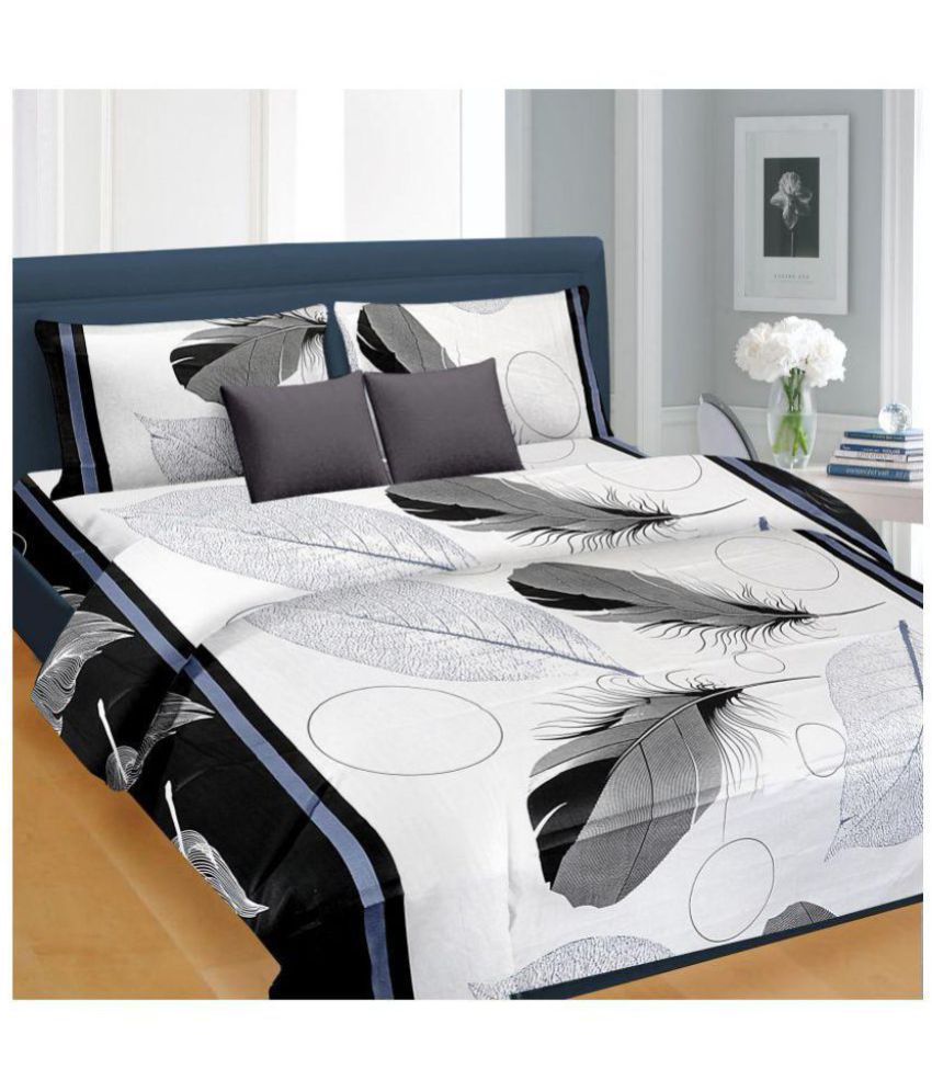 Z decor Feather Print White Polycotton 1 Double Bed Sheet with 2 Pillow Covers - Size 90 Inches * 90 Inches