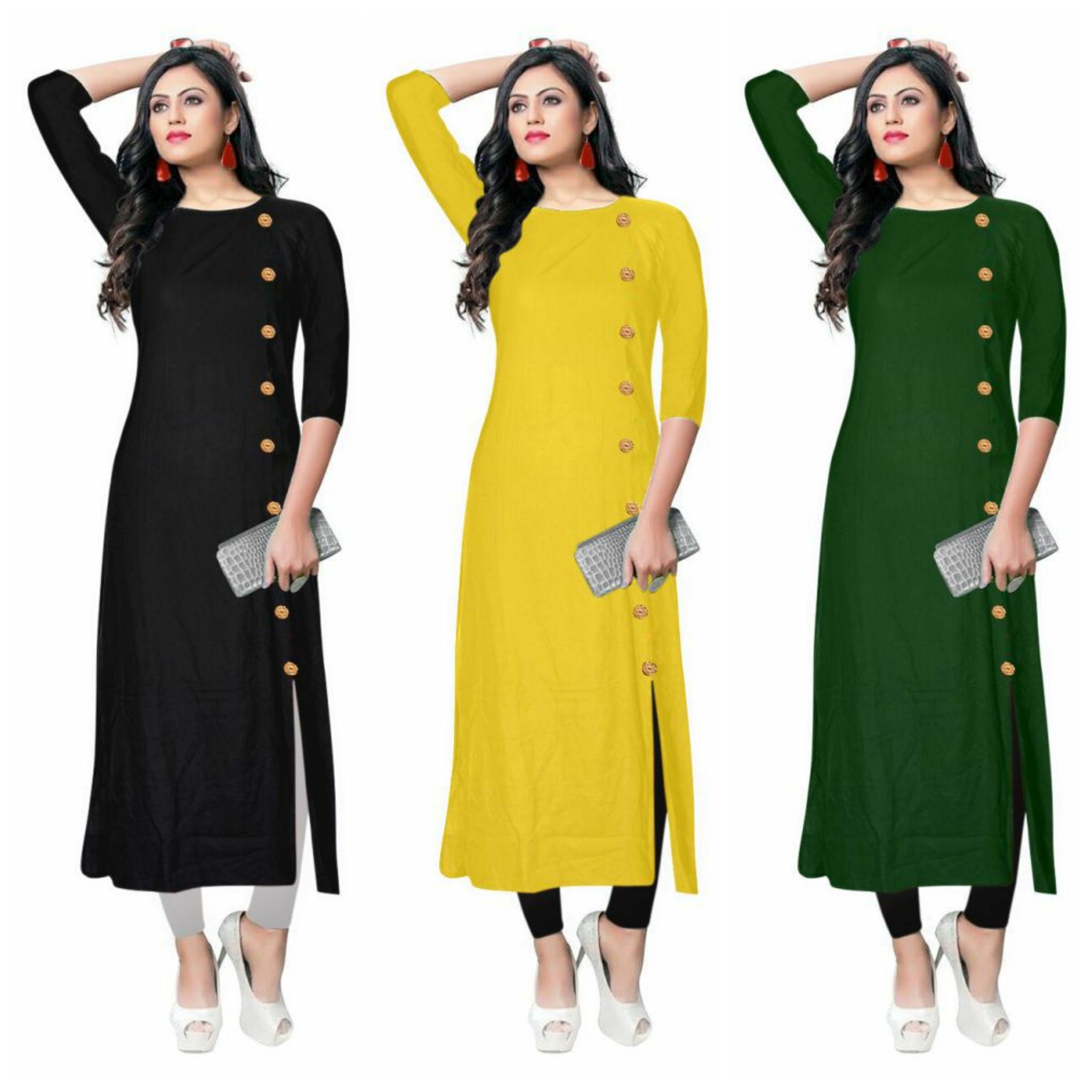 Pack of 3 Multicolor Crepe Plain Stitched kurti by Aiza Collection