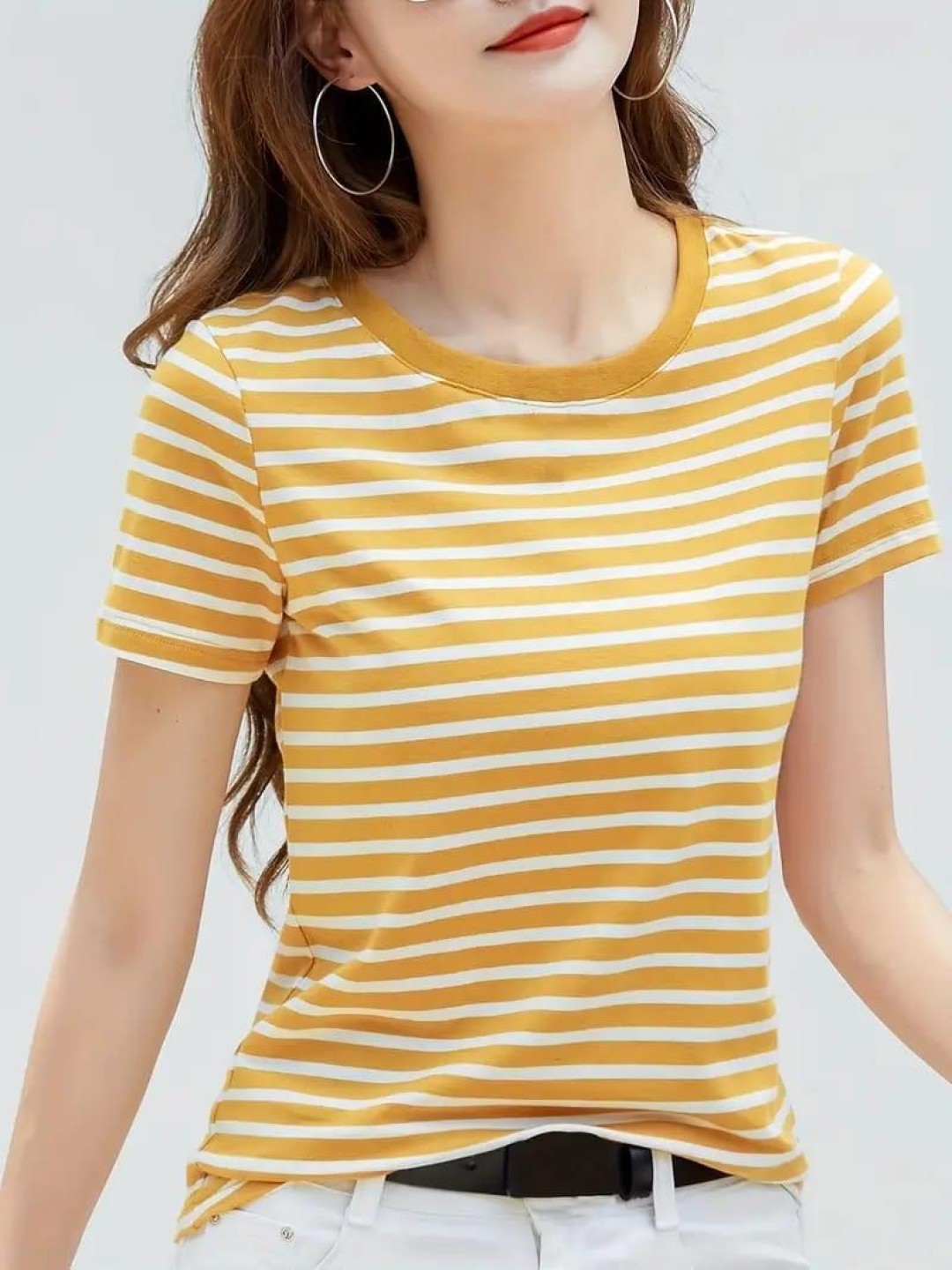 Striped Women Yellow T-Shirt