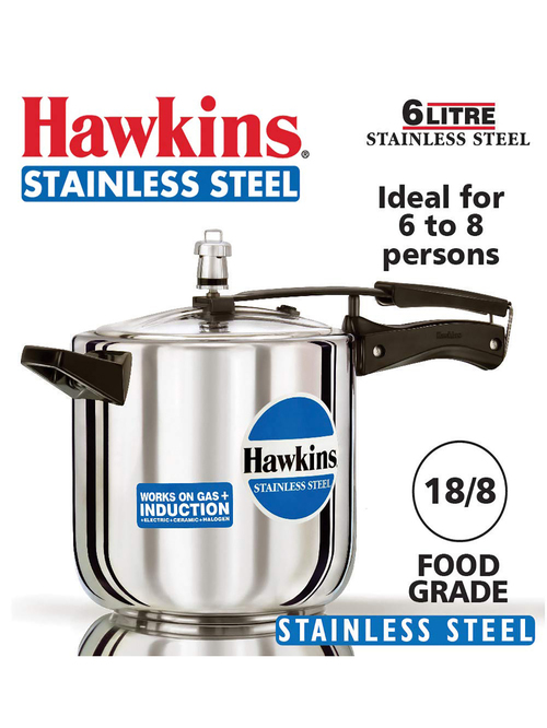 Hawkins Silver Stainless Steel 6 L Induction Based Pressure Cooker - Set of 1