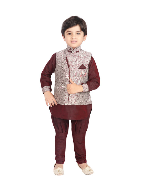 SG Yuvraj Kids Maroon & Cream Printed Kurta, Churidars with Jacket