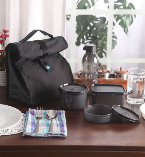 Tupperware Satchel Black Plastic Lunch Box Set - Set of 4